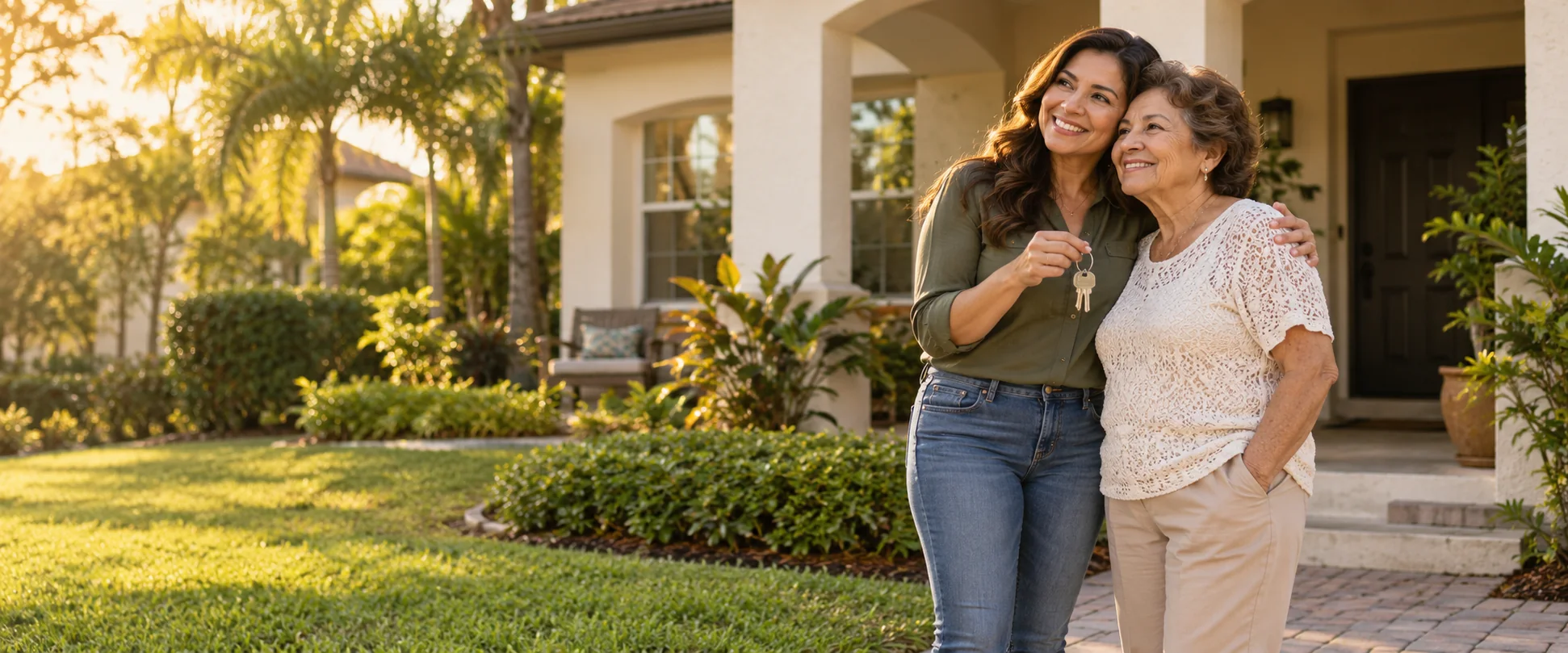 Adult daughter and her mother together outside a home