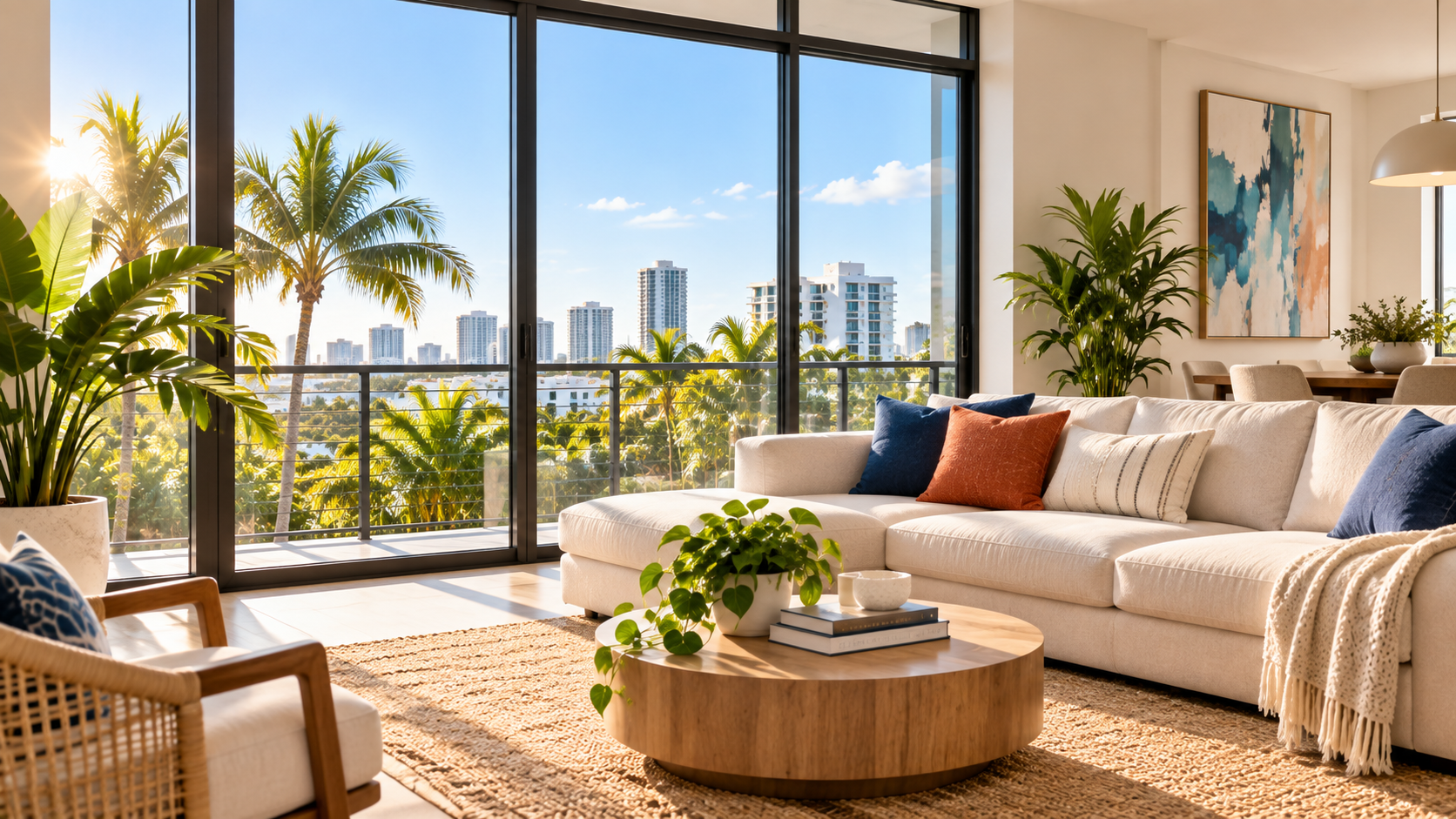Bright Florida loft-style living room with floor-to-ceiling windows, palms and colorful accents